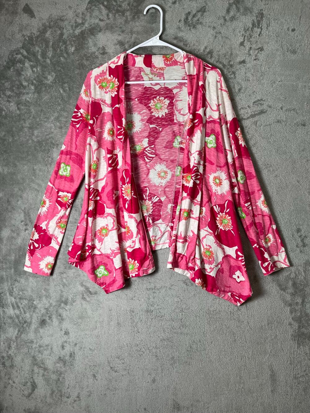 Lilly Pulitzer Pink Floral Waterfall Open Front Lightweight Cotton Cardigan Med